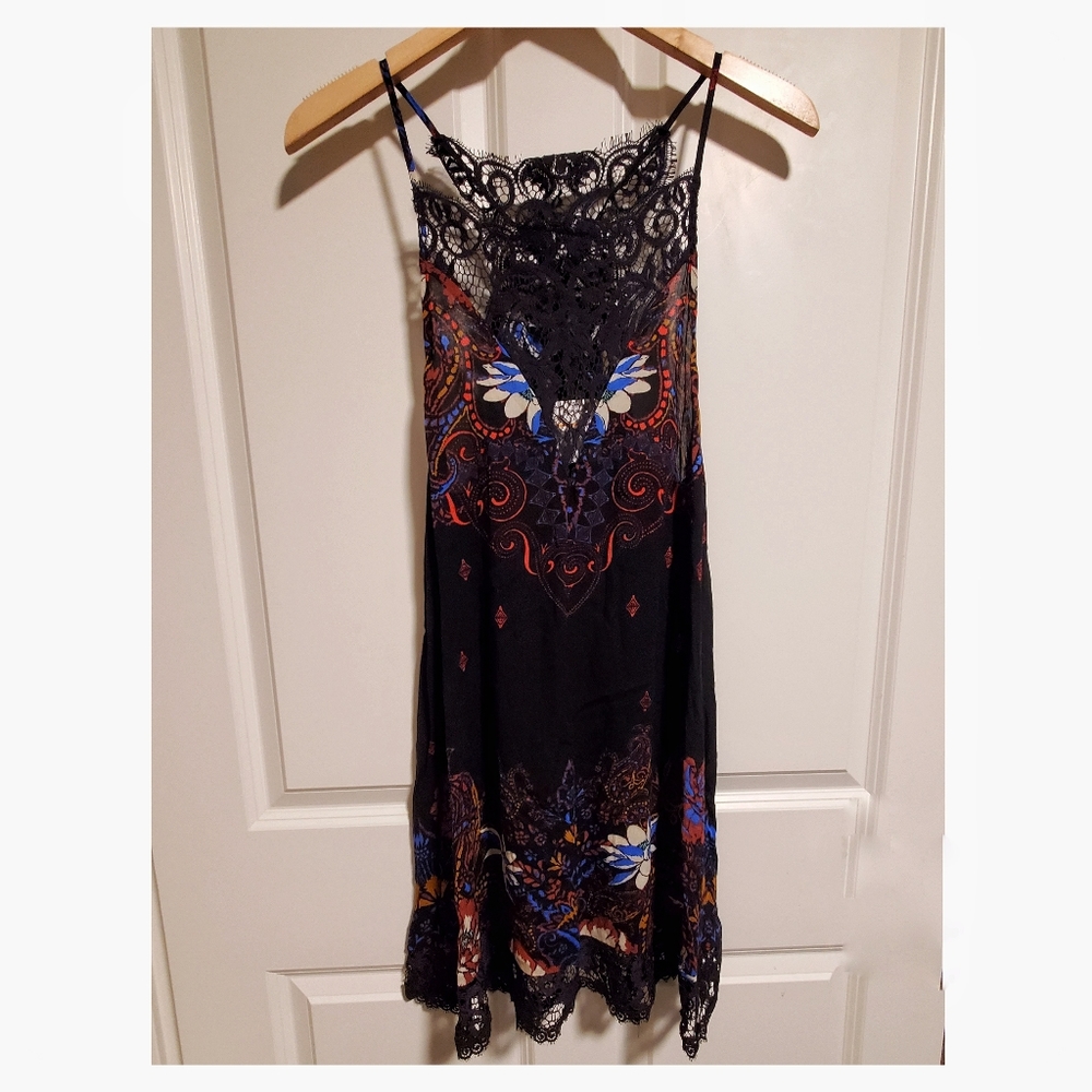 *NEW* Free People Dress Black/Pink/Blue with Lace Neckline and Trim Size S